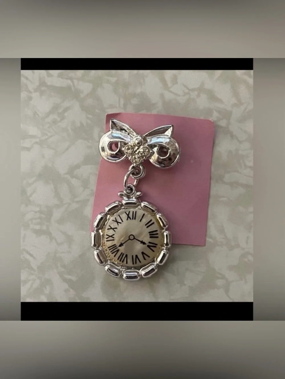 Vintage Silver Tone Faux Watch & Holder Brooch #6162